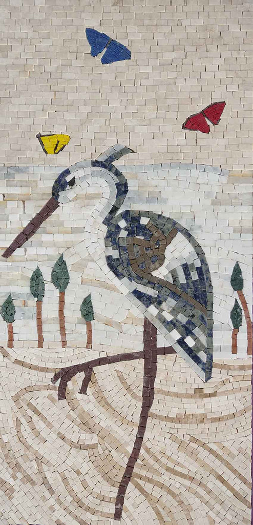 Héron et papillons - Art mural en mosaïque