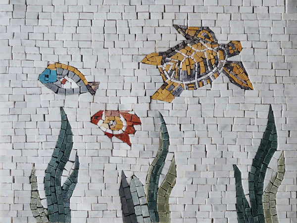 Geometric Fish And Turtle - Marble Pool Mosaic Designs Artwork - Mesh Backing