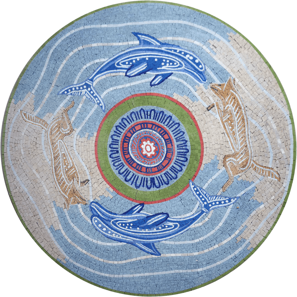 Medaglione in mosaico di volpi e delfini