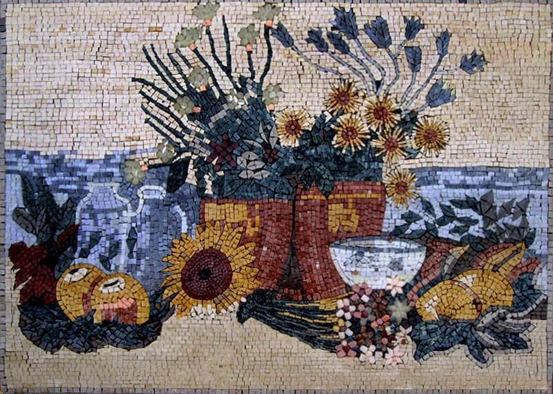 Girassóis e frutas natureza morta arte em mosaico