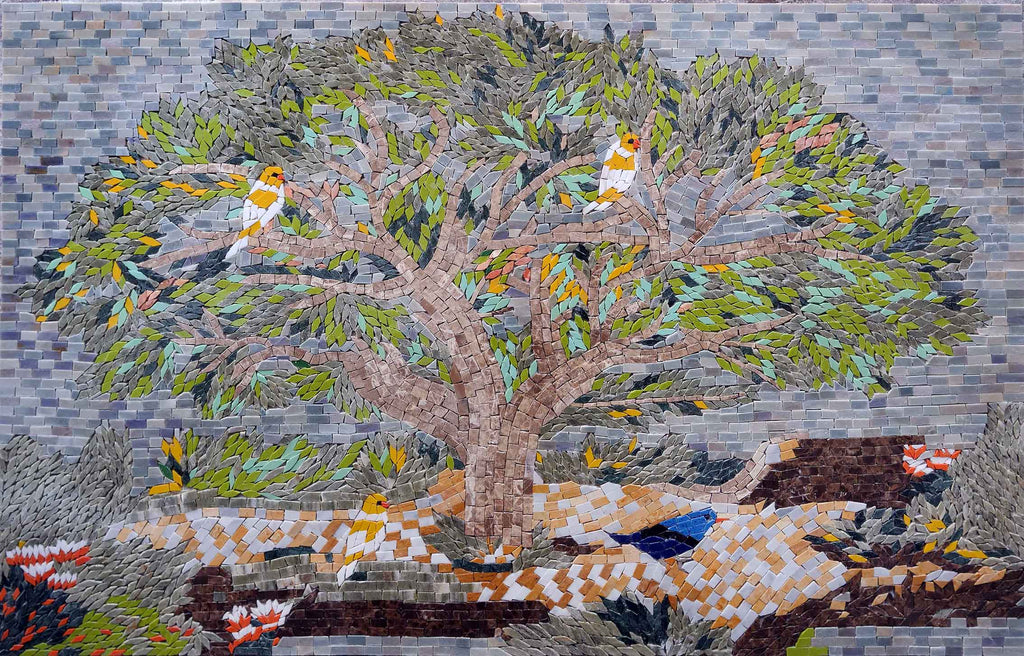 Mosaico albero - Uccelli gialli e blu