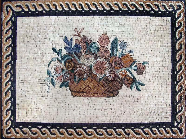 Floral Arrangement - Marble Mosaic Flower Basket Framed Artwork - Mesh Backing