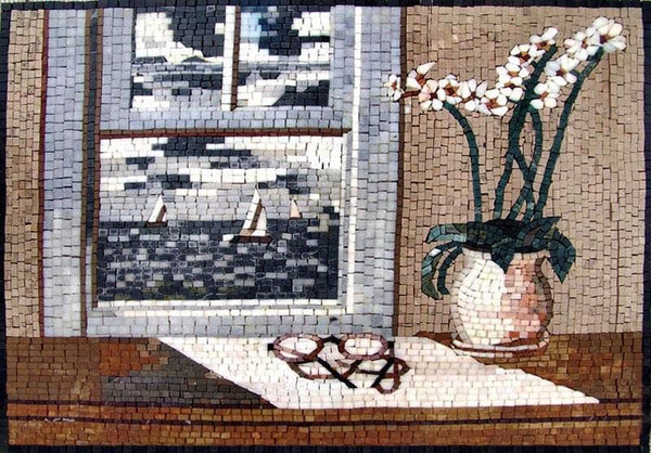 Vibrant Flower Vase And Seaside View - Marble Mosaic Art - Mesh Backing