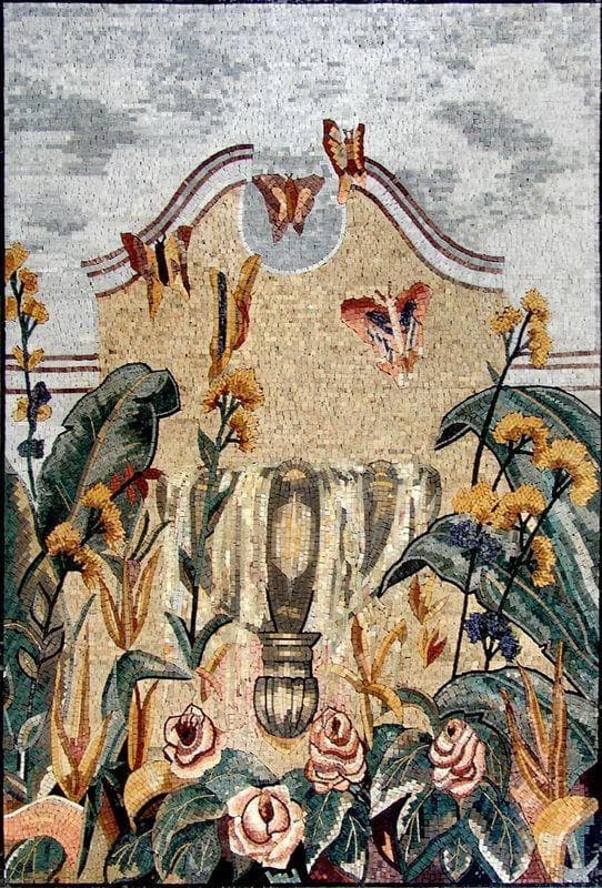 Arte de pared de mosaico - Flores y mariposas