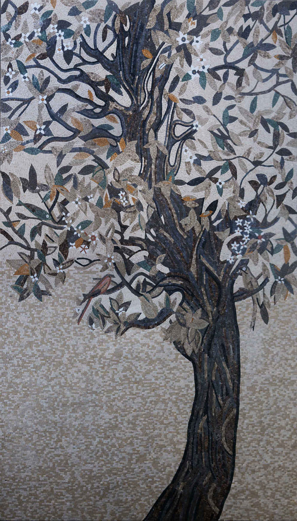 Arte de mosaico de árbol decorado con pájaros