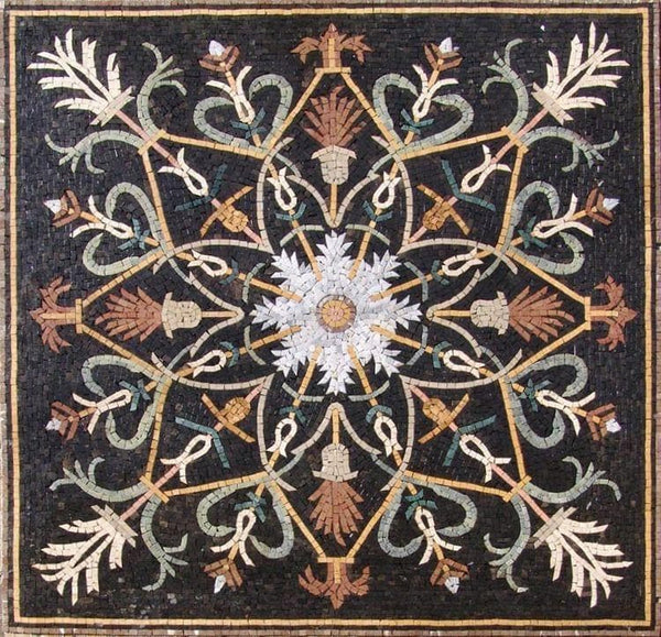 Hana Vii Ornamental Floral Square - Black & Gold Marble Mosaic Floor & Wall Art - Mesh Backing