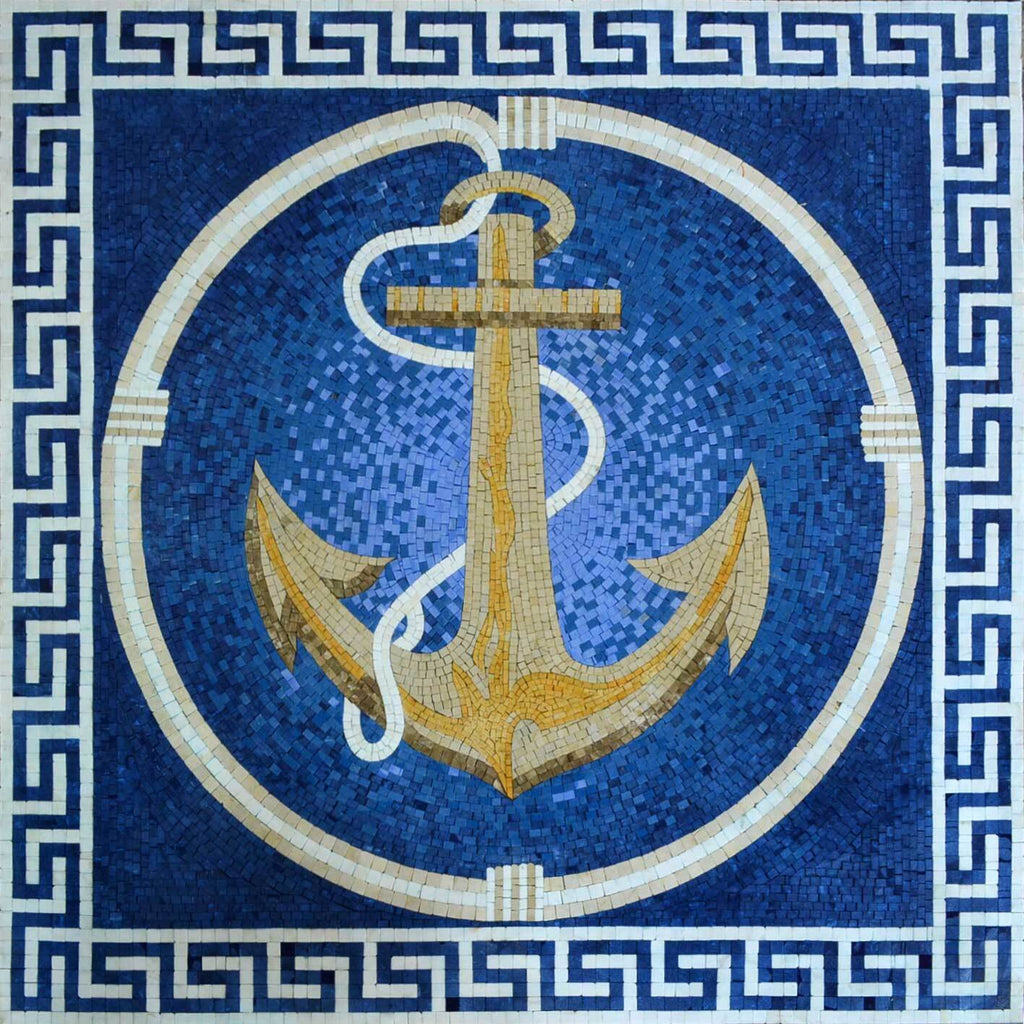 Ancla brillante sobre un mosaico de mármol de fondo azul