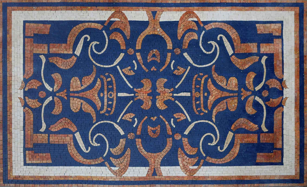 Patrón geométrico rústico sobre alfombra de mosaico blanco y azul