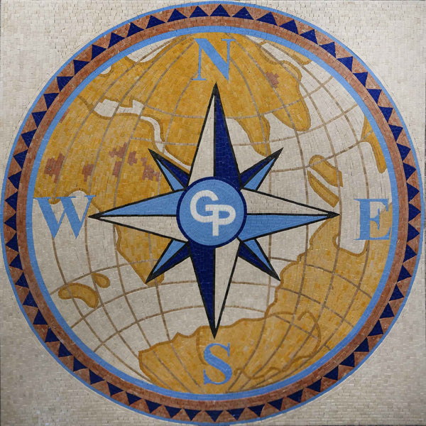 Custom Monogram Compass World Map - Personalized Initial Mosaic - Mesh Backing