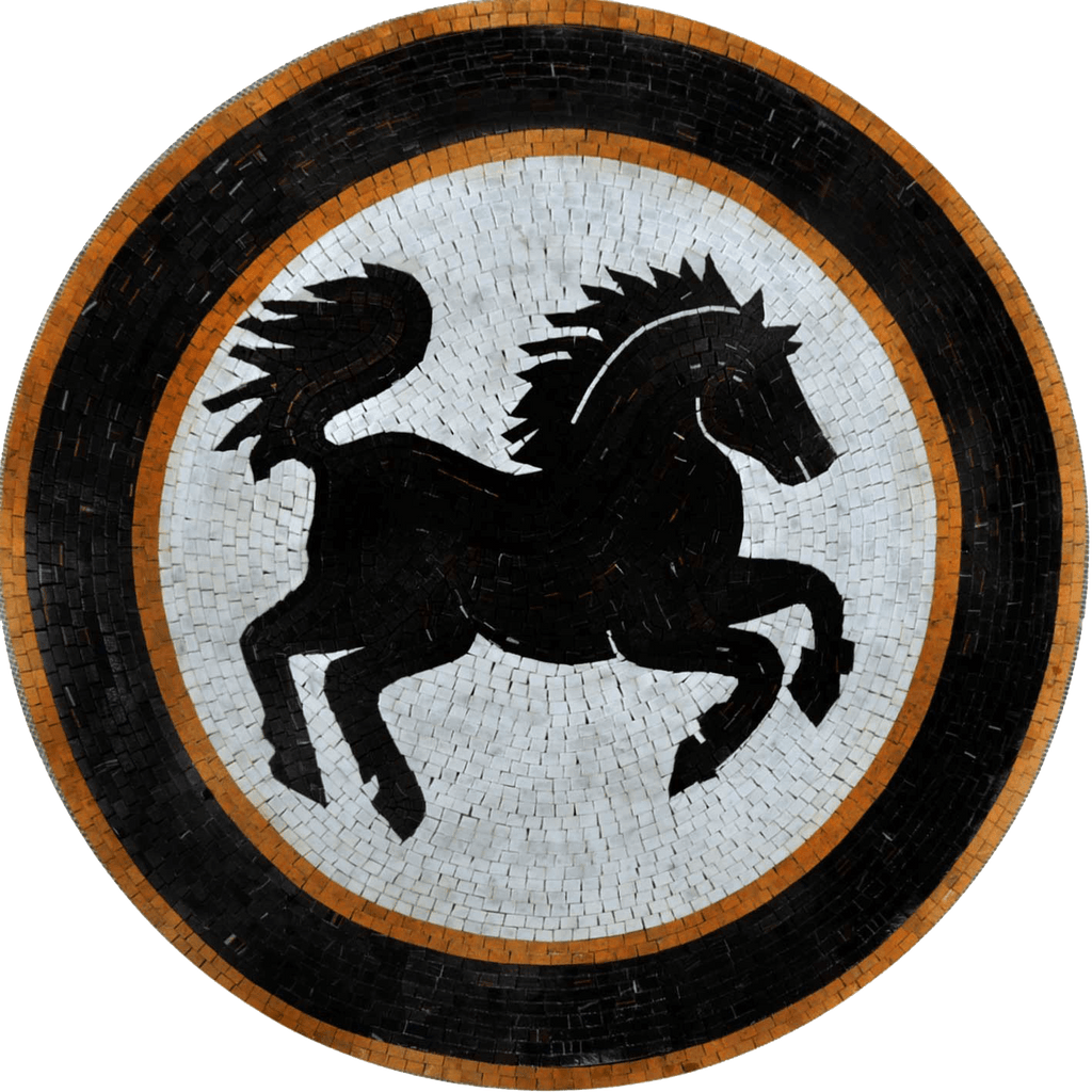 Ripiano del tavolo con medaglione a mosaico - Cavallo nero