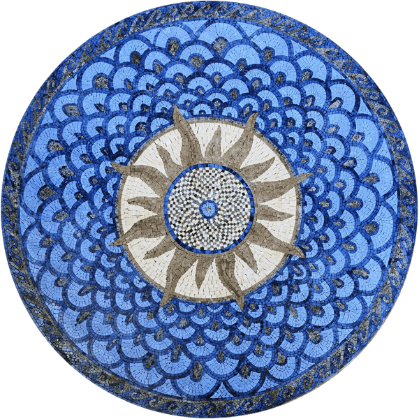 Blue Sun & Wave Medallion – Celestial Marble Mosaic Floor & Wall Art - Mesh Backing