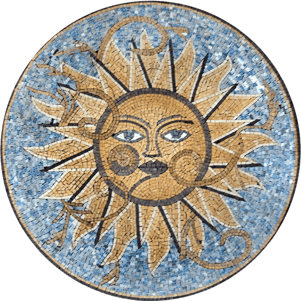 Sun Face Celestial Medallion – Blue & Gold Marble Mosaic Floor & Wall Art - Mesh Backing