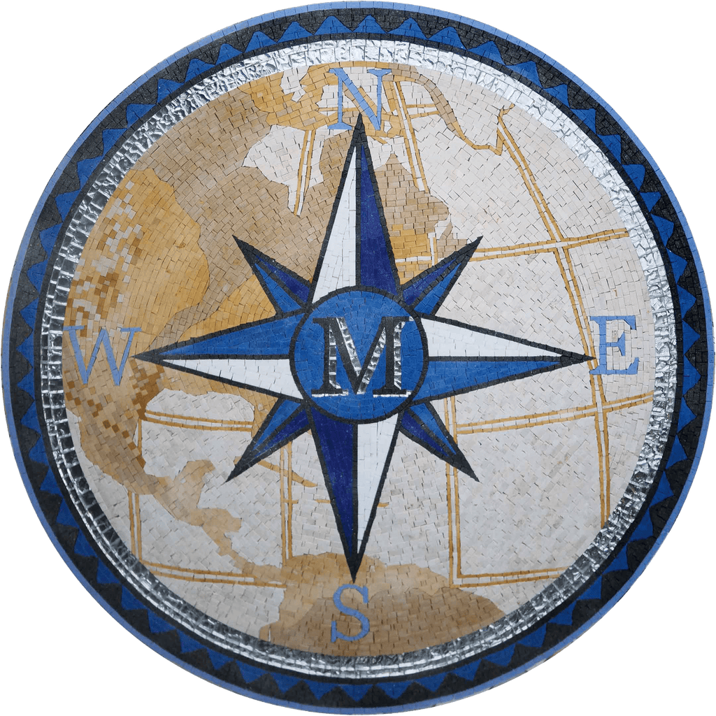 Medalhão de mosaico de bússola de mapa-múndi personalizado