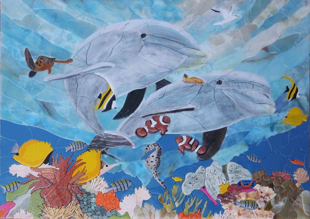 Mosaico de pétalos de delfines y peces - Azulejo de mosaico en forma de pétalo 3D