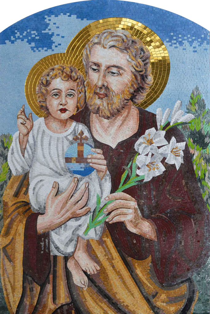 Mural de arte mosaico de San José y Jesús