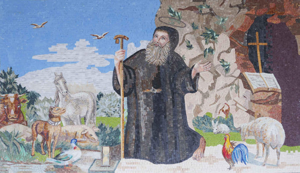 Saint Antonios Figure Scene - Marble Mosaic Paintings Religious Mural - Mesh Backing
