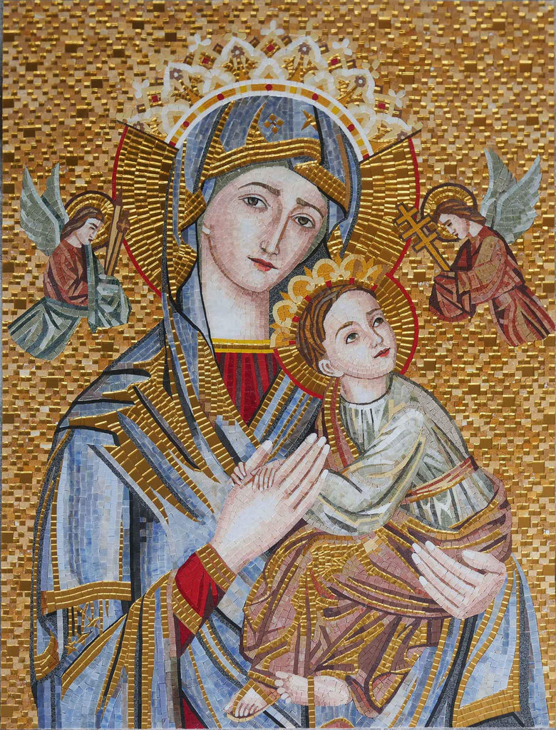 Mural religioso em mosaico de Santa Maria e Menino Jesus