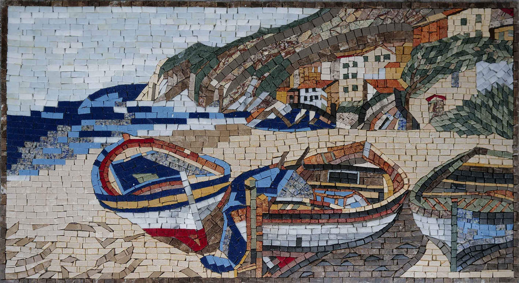Arte em mosaico de paisagens marinhas - barcos na costa