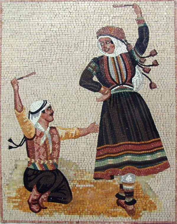 Arabic Folklore Dance - Marble Mosaic Kitchen Backsplash Handmade Luxury Handcrafted Art - Mesh Backing