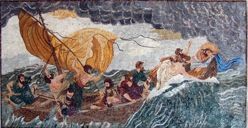 Jesús en la Tormenta Mural Mosaico de Mármol