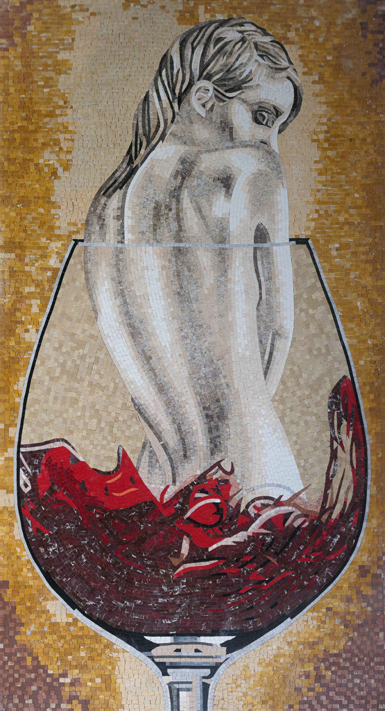 Femme nue dans un verre à vin - Art mural en mosaïque à vendre