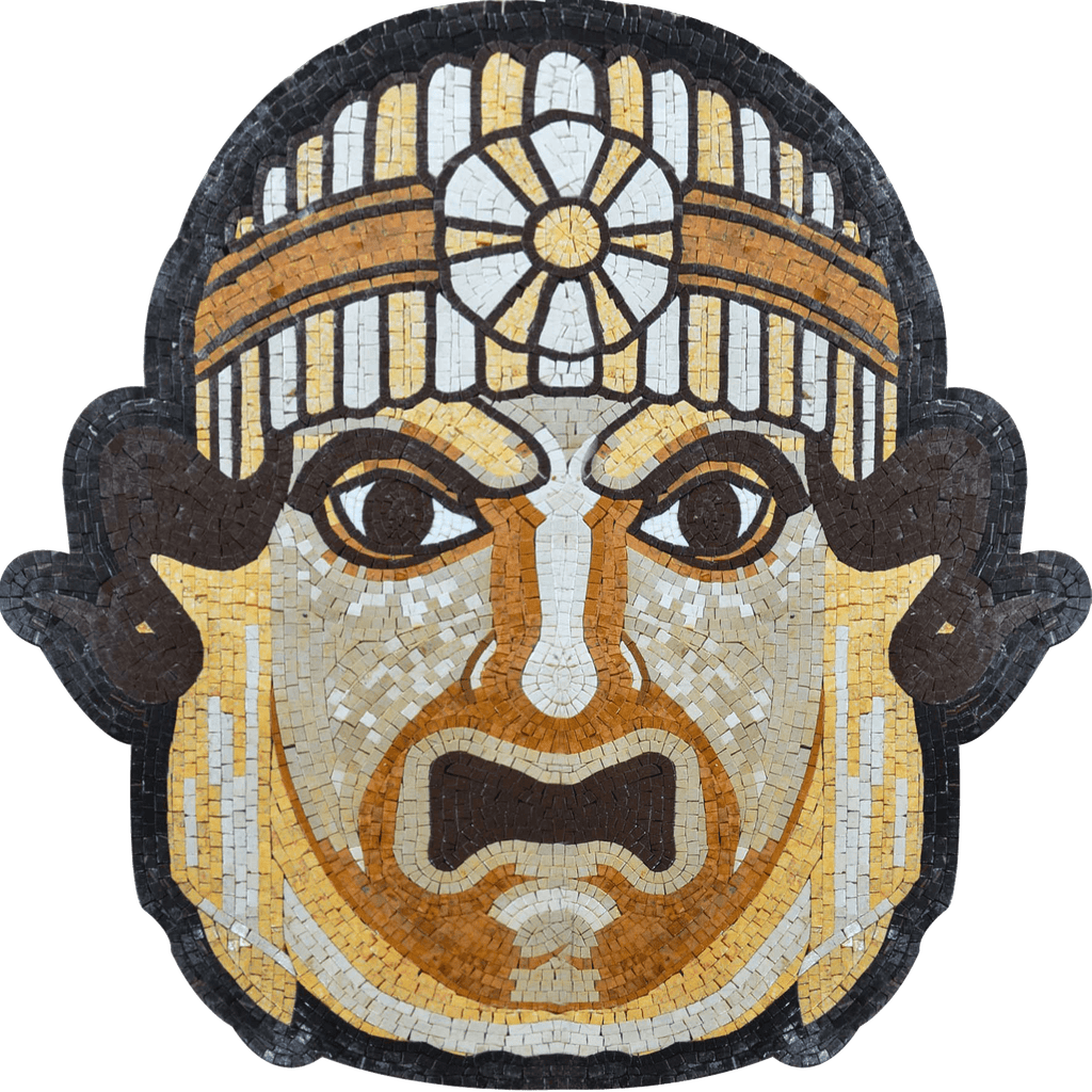 Mural de mosaico de máscara de dios maya