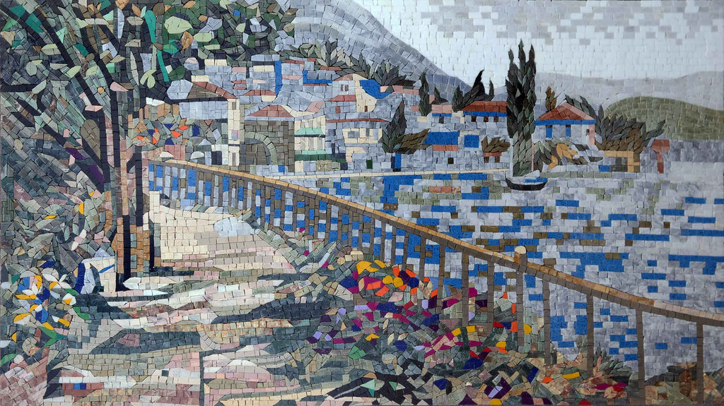 Vista floral colorida de Santorini - arte em mosaico