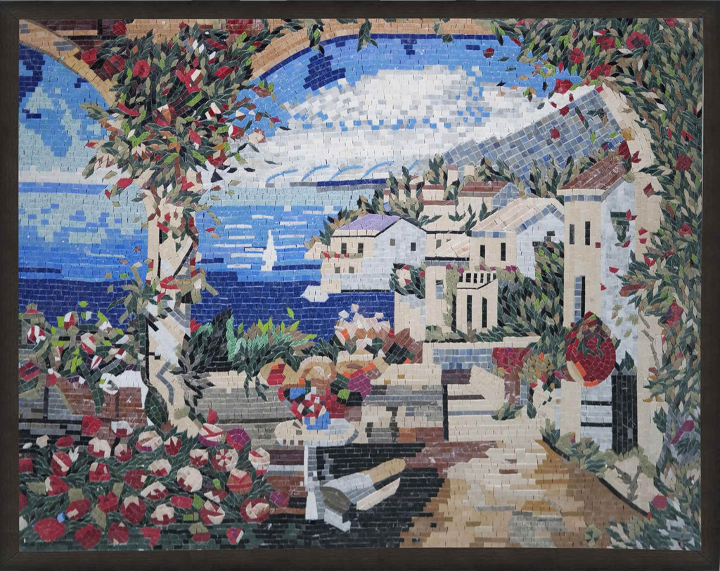 Mosaico decorativo mural toscano com vista para o mar
