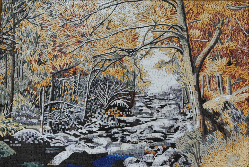 Arte feita à mão em mosaico de rio Forest em mármore