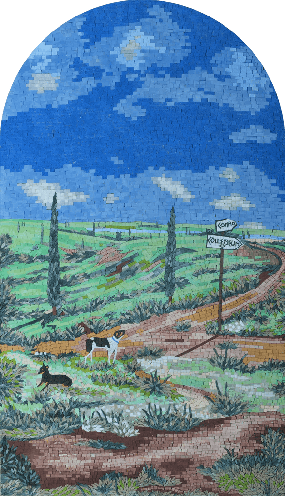 Perros jugando por un camino - Arte de pared de mosaico