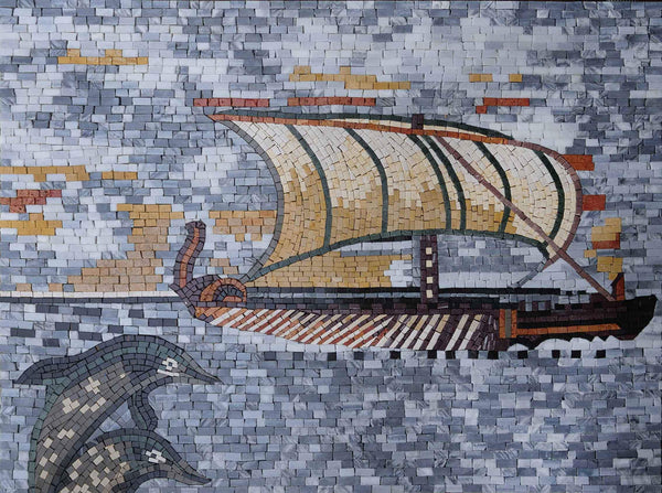 Sailing Ship And Dolphin - Marble Mosaic Tile For Kitchen Backsplash Artwork - 80cm x 60cm (31'' x 24'')" - Mesh Backing