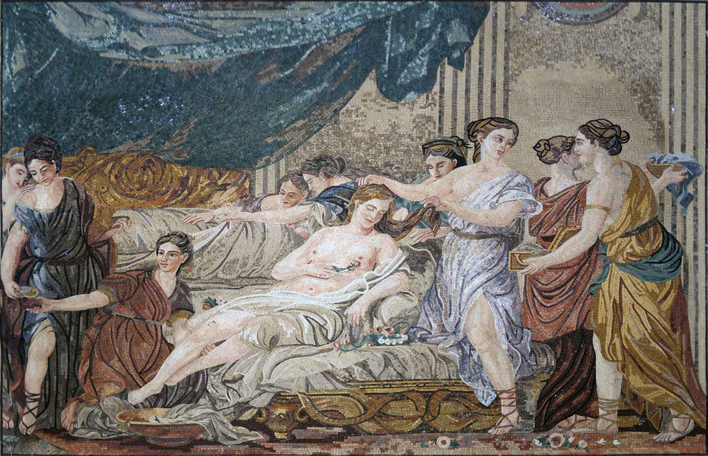 Reprodução de arte em mosaico - mulheres em trajes clássicos atendendo a uma jovem noiva
