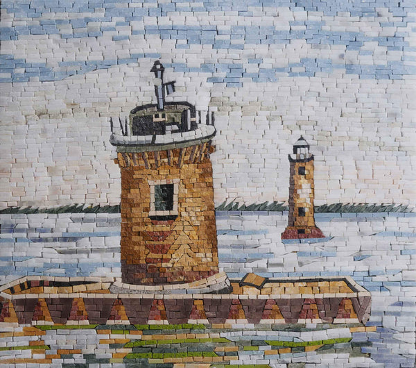 Twin Lighthouses Coastal Scene - Nautical Mosaic Artwork - Mesh Backing