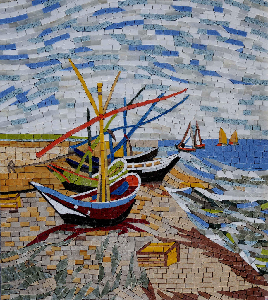 Barche da pesca sulla spiaggia di Van Gogh Riproduzione del mosaico