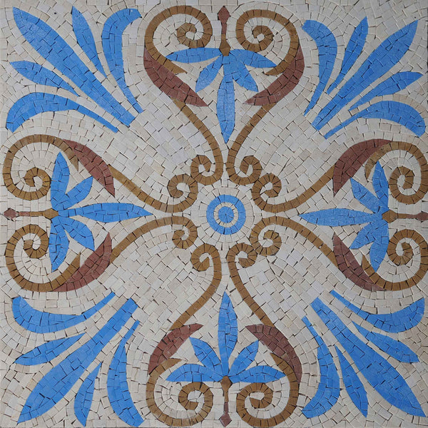 Mediterranean Floral Scroll – Blue & Gold Marble Mosaic Floor & Wall Art - Mesh Backing