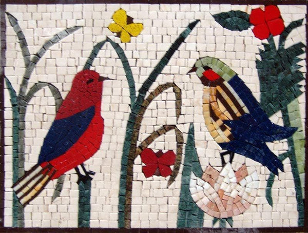 Birds And Butterfly - Colorful Marble Mosaic Art - Mesh Backing