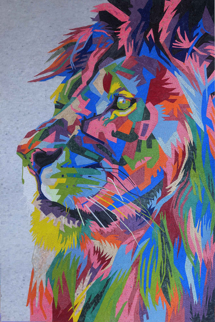 Arte de pared de mosaico de león arcoíris