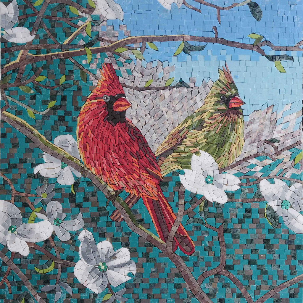 Arte em mosaico de pássaros - pássaros verdes e vermelhos