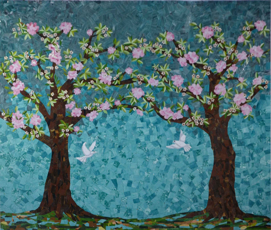 Arte em mosaico de vidro - árvores floridas
