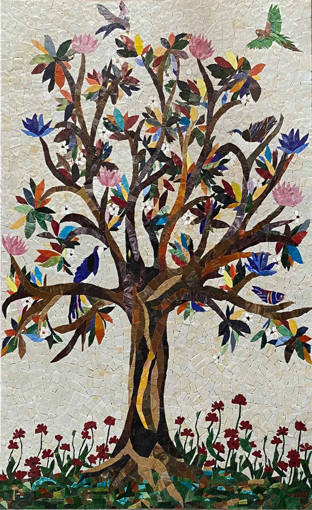 Mosaico de Vidro - Árvores e Pássaros Coloridos
