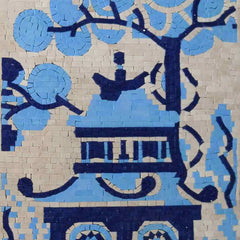 Chinese Pagoda Landscape - Blue & White Mosaic Wall Art - Mesh Backing