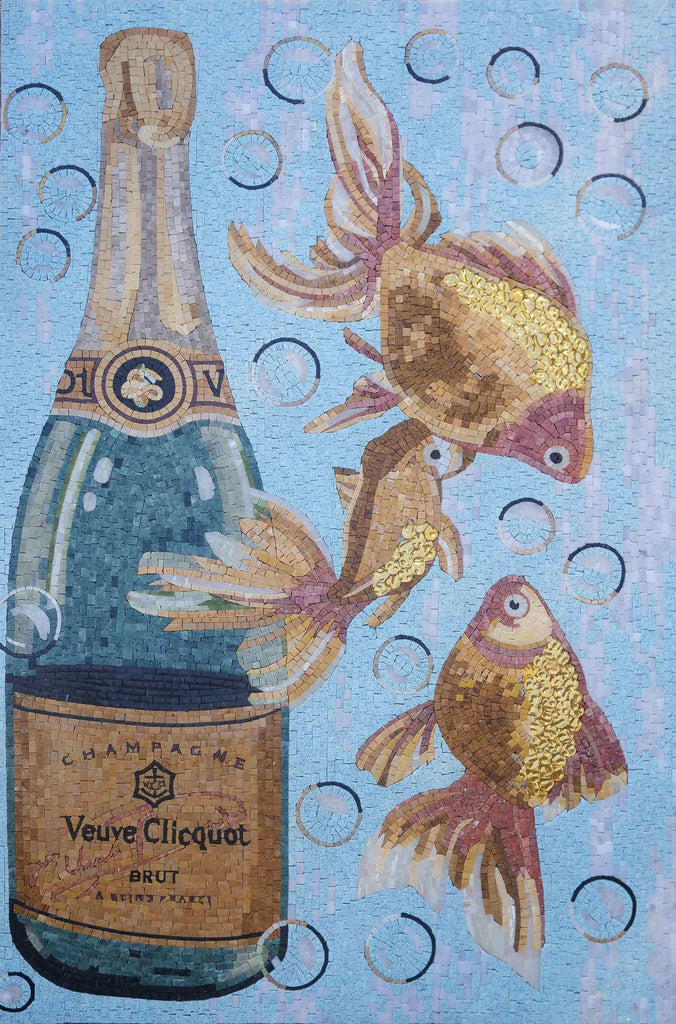 Arte em mosaico - peixe e champanhe