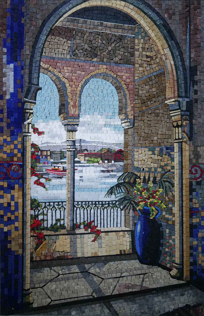 Живописный мозаичный вид на залив с балкона
