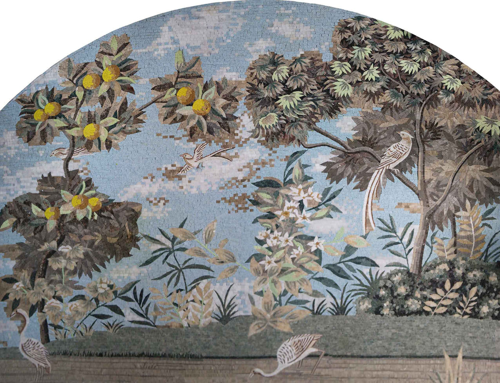 Escena del arco de mosaico: limoneros y pájaros