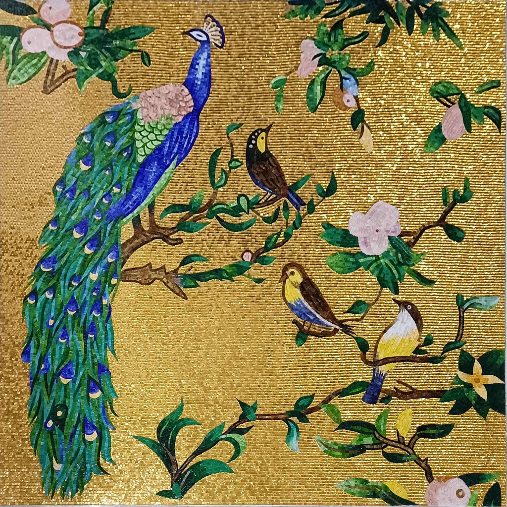 Mural de pássaros em mosaico - pavão de vidro