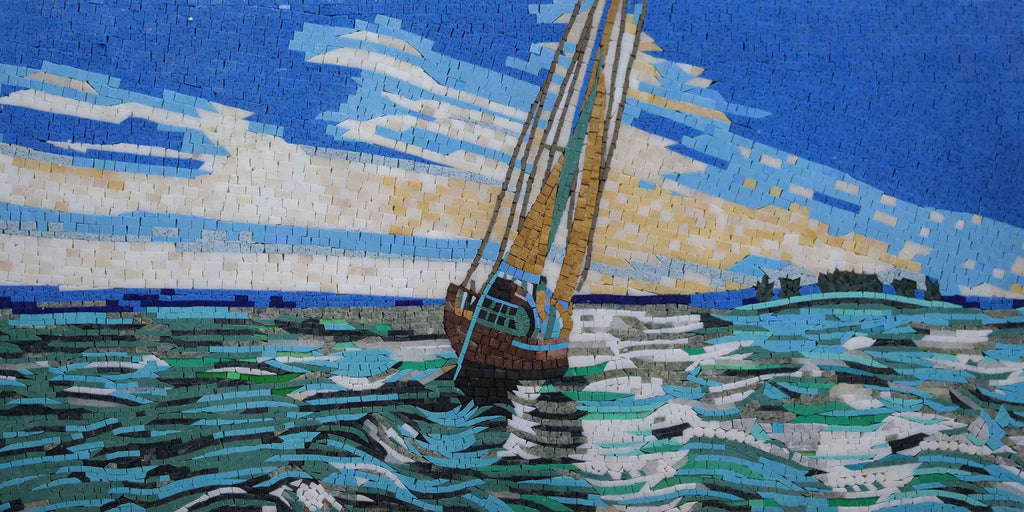 Paysage de mosaïque - vagues colorées et bateau