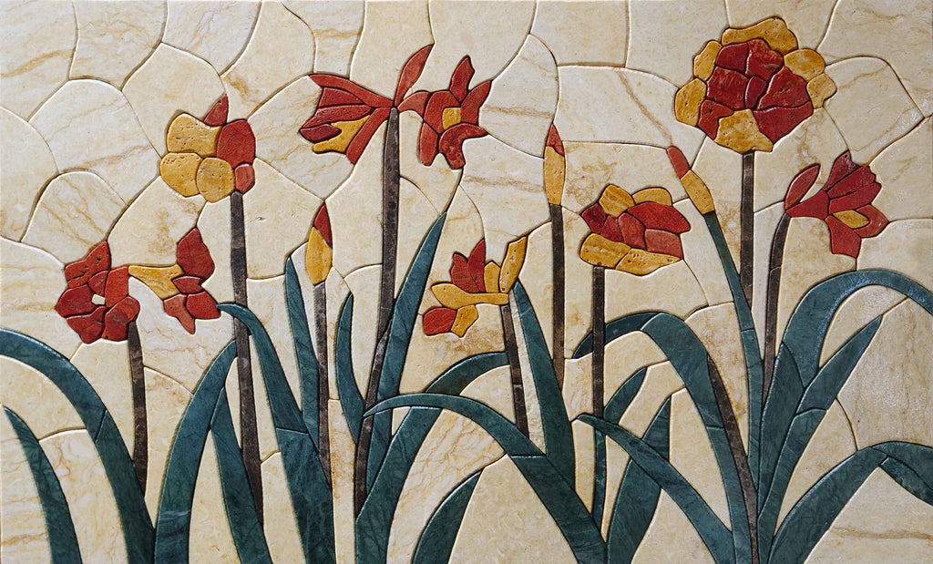 Arte de piedra de mosaico - flores amarillas y rojas