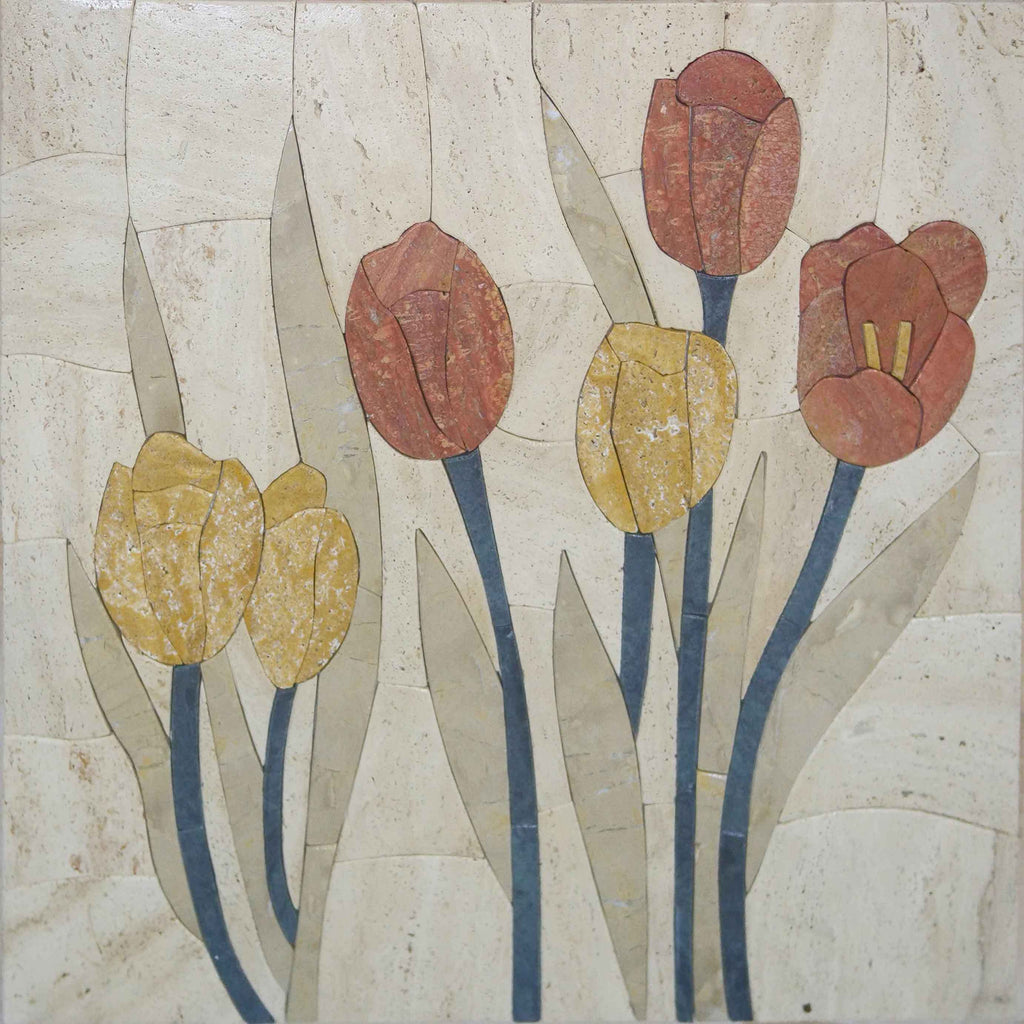Arte de piedra de mosaico - tulipanes amarillos y rojos