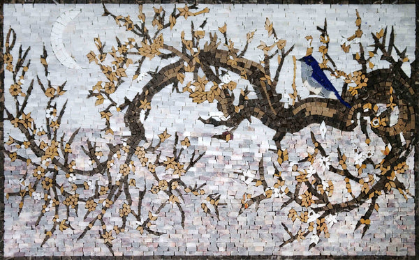 Bird on Blossom Branch - Marble Floral Mosaic Art - Mesh Backing