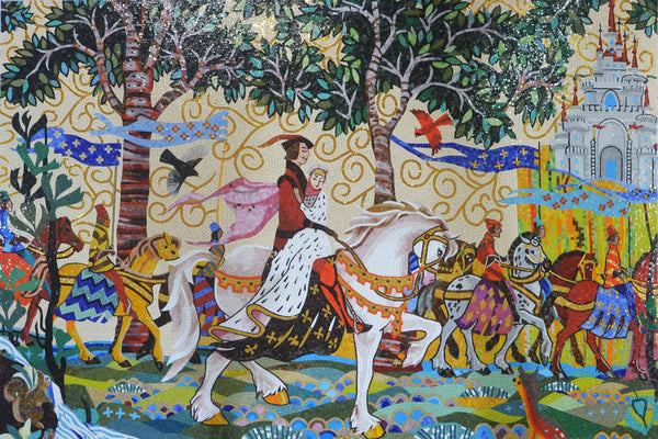 Geometric Riding Couple With Birds - Glass Mosaic Garden Wall Art - Mesh Backing